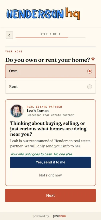 A greetform inline card offering a local real estate partner